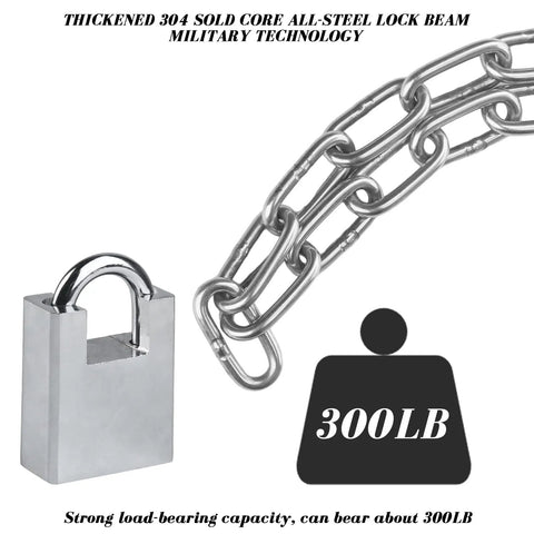 Close-up of 40-inch stainless steel security chain with anti-cut padlock, 300lb load capacity, heavy duty anti-theft protection.