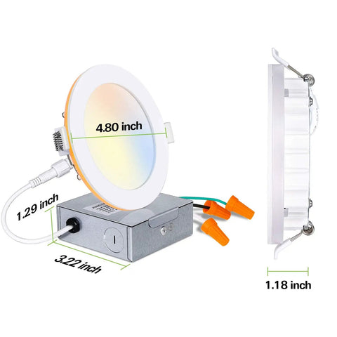 4-inch LED recessed light with dimensions next to junction box, part of 6 Pack 4 Inch LED Recessed Lights With Night Light, 5CCT Dimmable.
