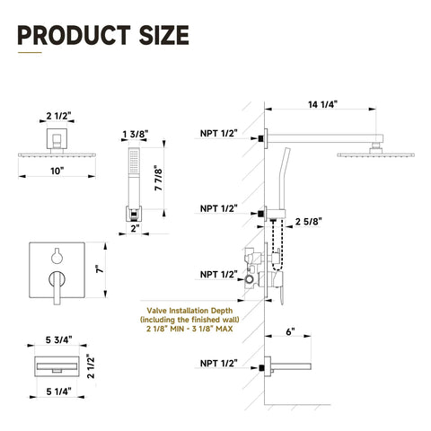 Product size diagram showing dimensions of the Top Shelf Heavy Duty All Metal Shower System With Tub Spout And Matte Black Finish.