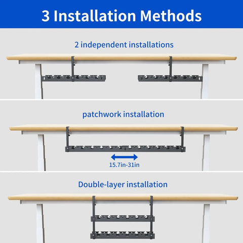 Three installation methods for extendable under desk cable management tray with clamp showing single, patchwork, and double-layer setups.