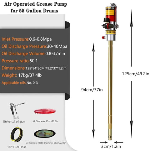 No Sweat Pneumatic Grease Pump Setup For 55 Gallon Oil Drum Featuring Battle Tested Grease Gun And Tough Aluminum Drum Lid With Heavy Duty Steel Pressure Plate with pump specifications
