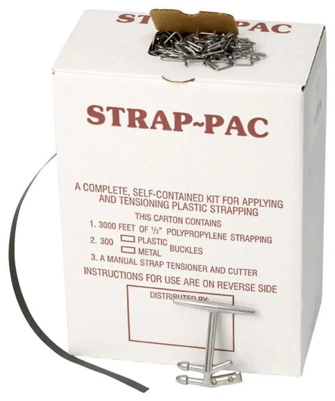 Badass Durable One Half Inch Polypropylene Strapping Kit With Three Thousand Feet Strapping Tape And Three Hundred Heavy Duty Wire Buckles Plus Manual Tensioner. Features buckles and tensioner.