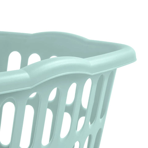Top view of One And A Half Bushel Rectangular Laundry Basket Set In White And Aqua, 12 Pack, Lightweight Durable Plastic Bins with cutouts.