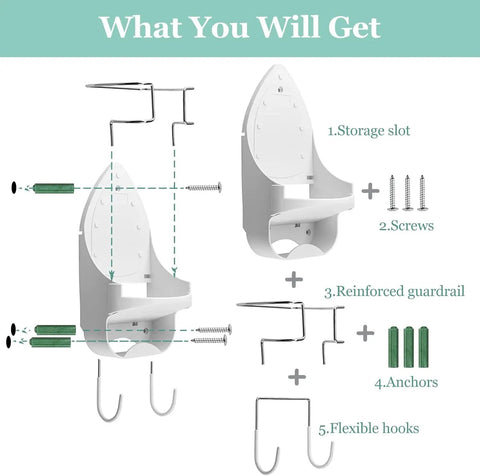 Diagram showing components of Super Handy Wall Mounted Iron And Ironing Board Hanger, Space Saving Organizer Shelf, White Finish