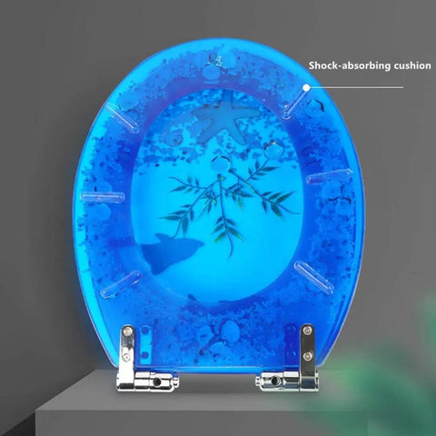 Top Shelf Soft Close Toilet Seat With Silent Slow Drop Lid That Kills Slamming Noise Universal Mounting Hardware, blue design.