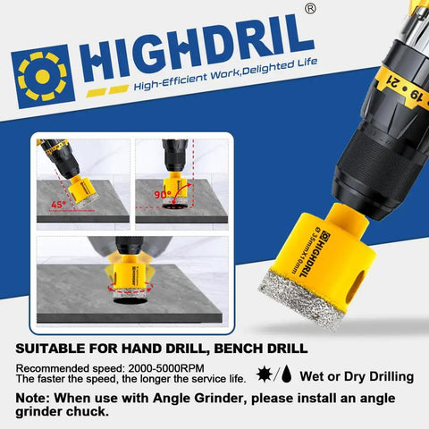 11 Pc Diamond Hole Saw Kit For Tile Porcelain Ceramic Granite Marble Drilling with core bits shown on drill
