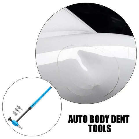Pro Grade Multi Head Paintless Dent Removal Hammer Kit with blue tool and dent on white car surface.