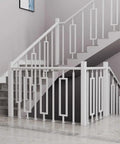 Rock Solid White Iron Railing Posts Set Of Twenty Heavy Duty Stair Balusters With No Sweat Floor Mount Hardware For Indoor Outdoor Deck Porch Projects displayed on a staircase.