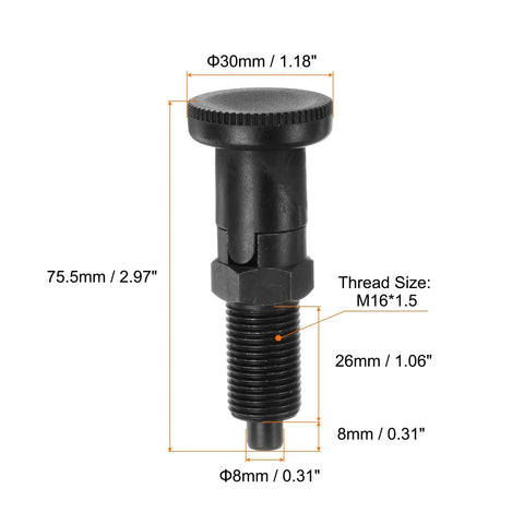 M16x1.5 Push Fit Ball Nose Spring Plunger With 8mm Pin And 1.02 Inch Thread, solid carbon steel, 75.5mm long, 30mm diameter.