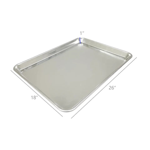 Commercial Grade Full Size Aluminum Sheet Pan 18 By 26 Inch Baking Tray displaying tapered stackable sides and measuring 1 inch high.