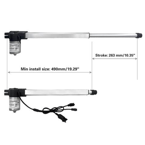 JLDQ.19B.490.263Z01 Linear Actuator with 490 mm install size and 263 mm stroke, silver metal casing for lift chairs and recliners.