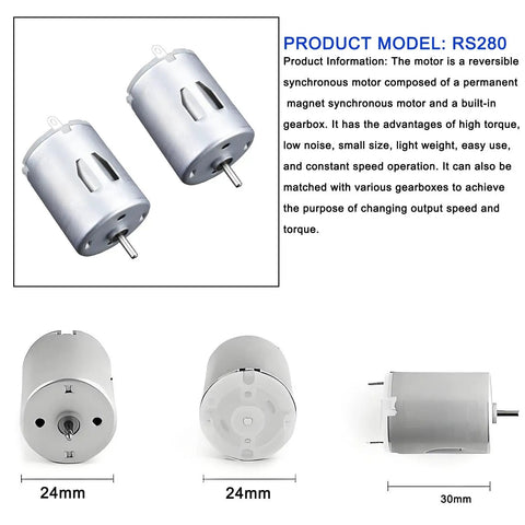 280 DC Mini Motors Kit 10 Pack 3V to 12V Round Shaft Micro Electric Motors for DIY RC Airplanes Boats Toys With High Torque Low Current Draw Powerhouse Performance, various angles of two RS280 motors displayed.
