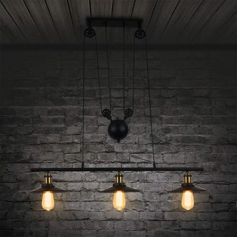 Top Tier Industrial Led Chandelier With Reliable Pulley Pendant Setup Modern Hanging Light Fixture For Family Room Or Entryway, three bulbs, adjustable height.