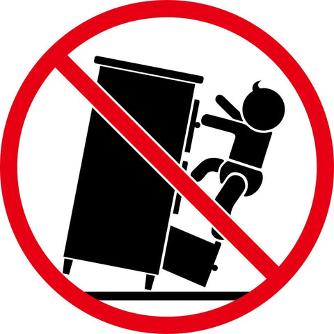 Safety warning image of child climbing furniture with red prohibition sign.