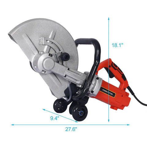 Badass 14 Inch Electric Concrete Saw With 3000W Motor And Wet Cut Water Feed Setup, showcasing the saw profile and dimensions.