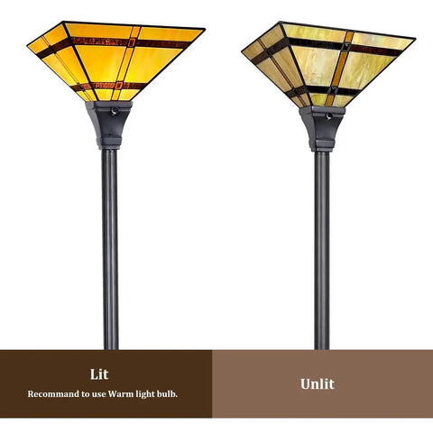 Stained Glass Tiffany Style Torchiere Floor Lamp 69 Inch Tall Cream Brown Antique Uplight With Totally Handmade Shade And Resin Base Unlit
