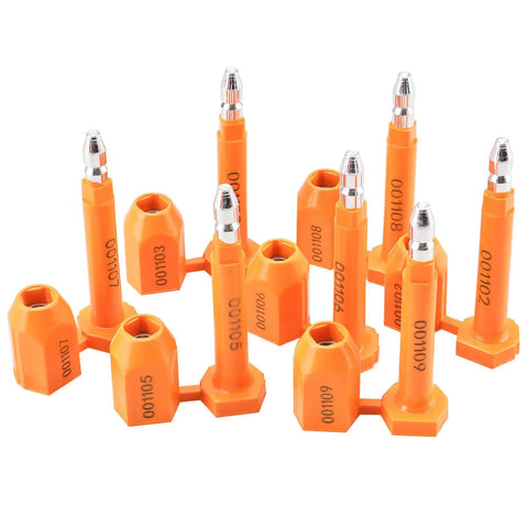 Rock Solid Shipping Container Bolt Seals 100 Pack Orange Steel Core Locks arranged with progressive numbering for cargo security.