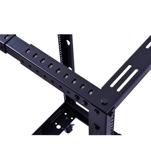 Heavy Duty 25U Open Frame Server Rack With Smooth Rolling Caster Wheels And Adjustable Depth showing numbered mounting rails.