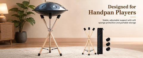 Adjustable Solid Wood Handpan Drum Stand With Carry Bag And Three Replacement Foam Pads For 10 To 22 Inch Steel Tongue Hang And Panda Drums, sturdy adjustable support.