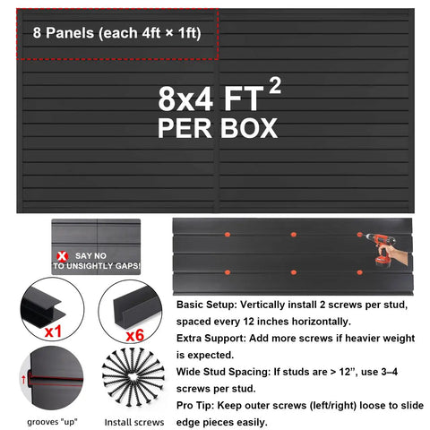 Heavy Duty Slat Wall Panels For Garage Tool Organization And Wall Mount Storage Systems With Slotted Racks Eight By Four Feet PVC Boards displayed with installation tips and screws.