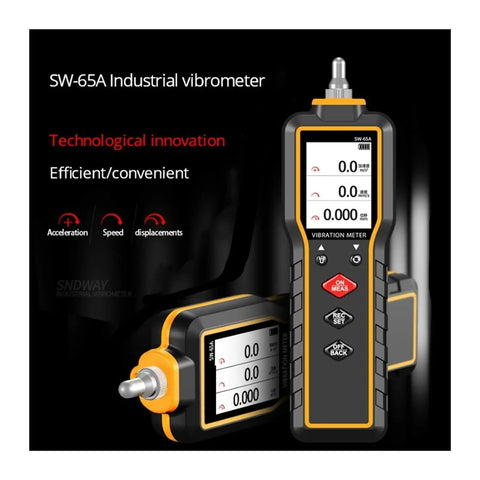 Pro Grade Handheld Vibration Meter Digital Vibration Measuring Tool for Industrial Machinery Vibration Instrument SW 65A Accurate Readings with Piezoelectric Sensor for Maintenance and Diagnostics, front view