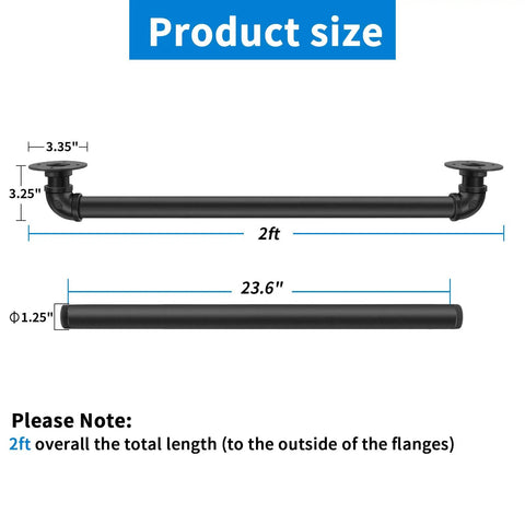 Sturdy 2 Ft Wall Handrail For Indoor Stairs, Galvanized Pipe Railing With 1.25 Inch Tube Diameter, easy install dimensions diagram