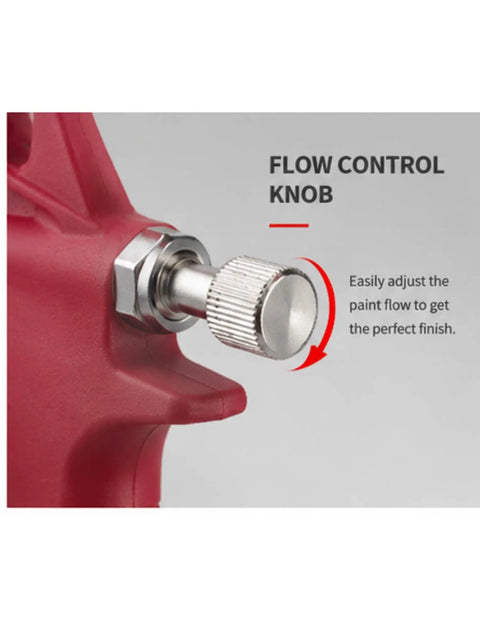 Flow control knob on the Top Tier Pro Hustle Pneumatic Mortar Sprayer Gun for precise paint adjustment.