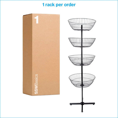 Heavy Duty Four Tier Wire Floor Spinner Rack With Drop Bin And Stocking Cart For Top Shelf Retail Shops Or No Fuss Home Organization In Sleek Black Finish next to packaging.