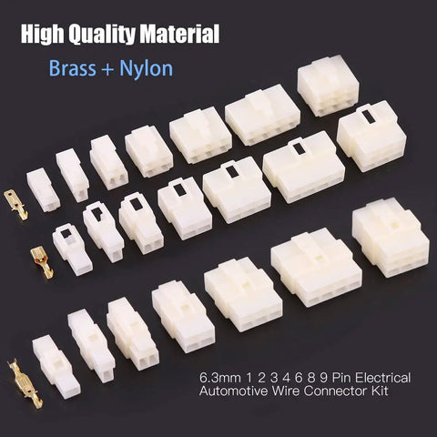 All In One 400Pcs 6.3mm Wire Connector Kit With Male And Female Sockets, Pins And Crimp Terminals displayed on black surface
