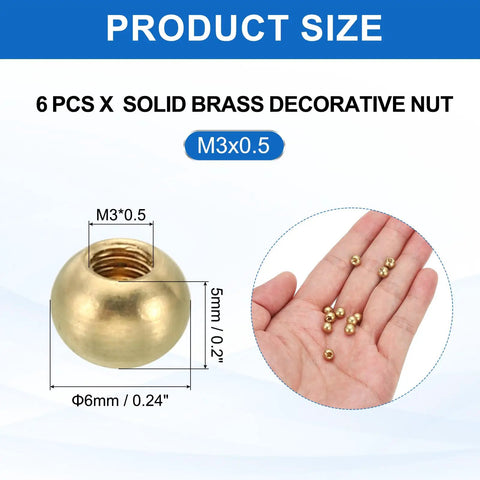 Six Pack Brass Ball Lamp Finials 6mm Ball Size M3 X 0.5 Thread Nut Caps for Lighting Fixtures in Gold Tone