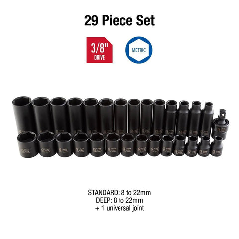 3/8 Inch Drive Metric Master Impact Socket Set 29 Pieces Heavy Duty CR-MO Steel with Blow Molded Case in full display
