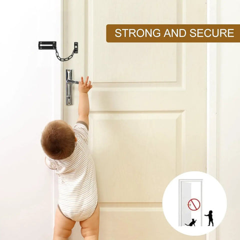 Heavy Duty Metal Door Chain Locks Kit With Six Screws For Inside And Front Doors installed on a white door, child reaching