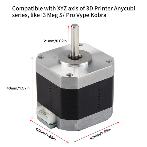 Nema 17 drop-in stepper motor for Anycubi Mega and Vyper 3D printer, CNC projects. Measures 42x40mm, 21mm shaft. No cable included.
