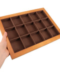 Top Shelf Solid Walnut Wood Jewelry Tray Organizer With Fifteen Grids For Rings Necklaces And Bracelets Compact Vanity Storage Display Plate For Counters held in hand.