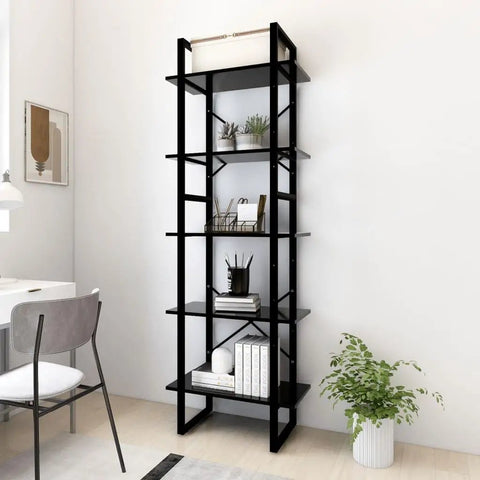 5-Tier Black Bookcase With Engineered Wood And Metal Frame Industrial Modern Tall Shelf in home office corner