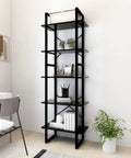 Five Tier Black Book Cabinet With Sturdy Metal Frame And Engineered Wood Shelves For Books, Modern Industrial Style in home office