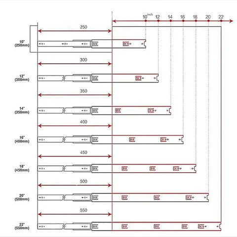 Diagram showing Heavy Duty Drawer Slides Set 2 Pack Full Extension Ball Bearing With Soft Close 10 Inch And 12 Inch sizes.