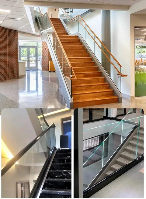 Tough As Nails Deck Railing Glass Spigot Clamp With Side Mount Bracket on modern staircase with glass railing and wooden steps.