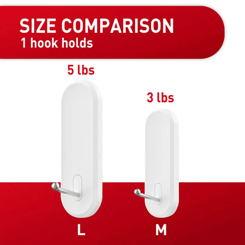 Size comparison of Medium Wire Hooks Value Pack With 7 Hooks And 12 Strips Damage Free Organization No Tools Needed Holds Up To 3 Lbs Per Hook Ideal For Walls Cabinets Doors White showing large and medium hooks.