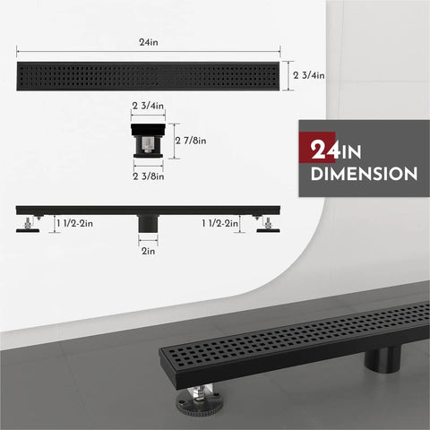 Diagram showing dimensions of 24 Inch Linear Shower Drain With Accessories Rectangular Floor Drain Square Hole Grate Matte Black