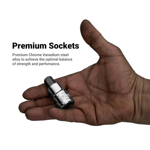Hand holding a premium socket from the Master Bit Socket Set 88 Piece Advanced Series With Beefy S2 Steel Bits In Impact Resistant Case