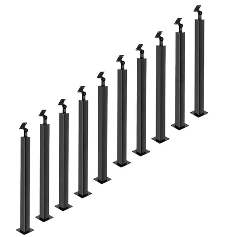 Heavy Duty Matte Black Stair Railing Spindles Holeless Baluster Posts Indoor Outdoor Deck Rails arranged in a row.