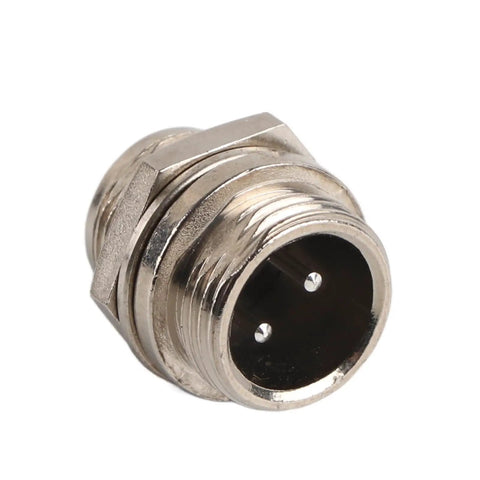 Close-up of 2 pin male socket from 10 Piece 2 Pin Aviation Connector Kit With 12mm Threaded Male And Female Sockets, silver plated finish.