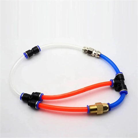 Huge 100 Pc Pneumatic Fittings Kit Push To Connect Air Hose Quick Couplers For 4-12mm Tubing Super Easy Setup No Tools Needed Black And Blue Seals Perfect For Compressors And Industrial Builds, shown with color-coded tubing