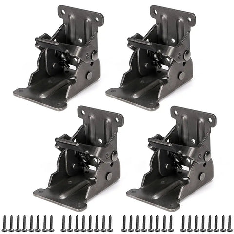 Heavy Duty Rock Solid Foldable Brackets Featuring Self Locking Hinges And Bulky Steel Extensions For Fixing Wobbly Table And Bed Legs On Any Workbench Including Screws Pack Of Four, showing a set of four brackets with screws.