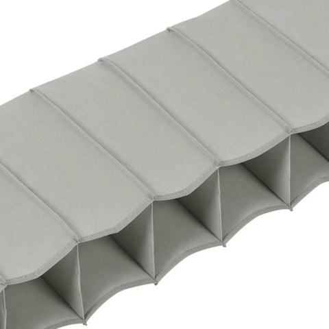 Close-up view of the gray heavy duty nonwoven fabric hanging shoe organizer bag featuring ten spacious pockets.