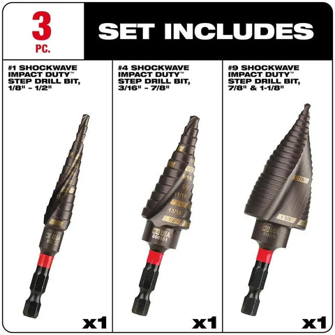 Heavy Duty 3Pc Titanium Step Drill Bit Kit With Impact Ready Dual Flutes And Rapid Strike Tip For Faster Holes In Metal Sheets And Panels Made To Last Longer Than Standard Bits. 3-piece set includes three step drill bits
