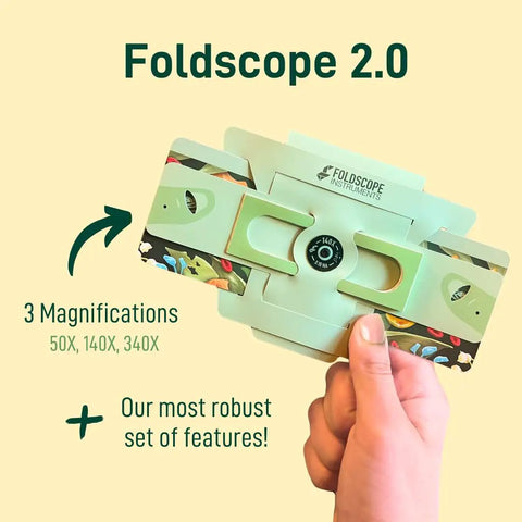Hands On Explorer Kit Green Metal Microscope Set With Three Lenses 50X 140X 340X LED Light Source Battery Powered Smartphone Compatible Achromatic Objective Lens Ideal For Home Science Experiments And School Projects For Curious Kids, Foldscope 2.0