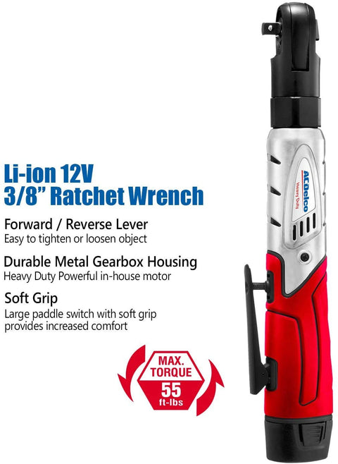 Workhorse 12V Cordless Ratchet Wrench Kit with Three Eighths Inch Drive 57 ft lbs Torque showing forward reverse lever.