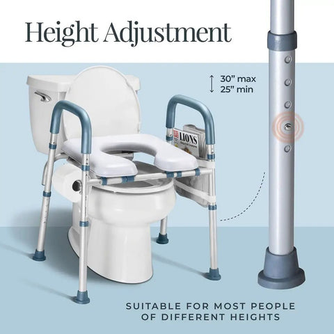 Adjustable Heavy Duty Toilet Seat Riser With Armrests For Seniors Holds Up To 400 Pounds showing height adjustment feature.